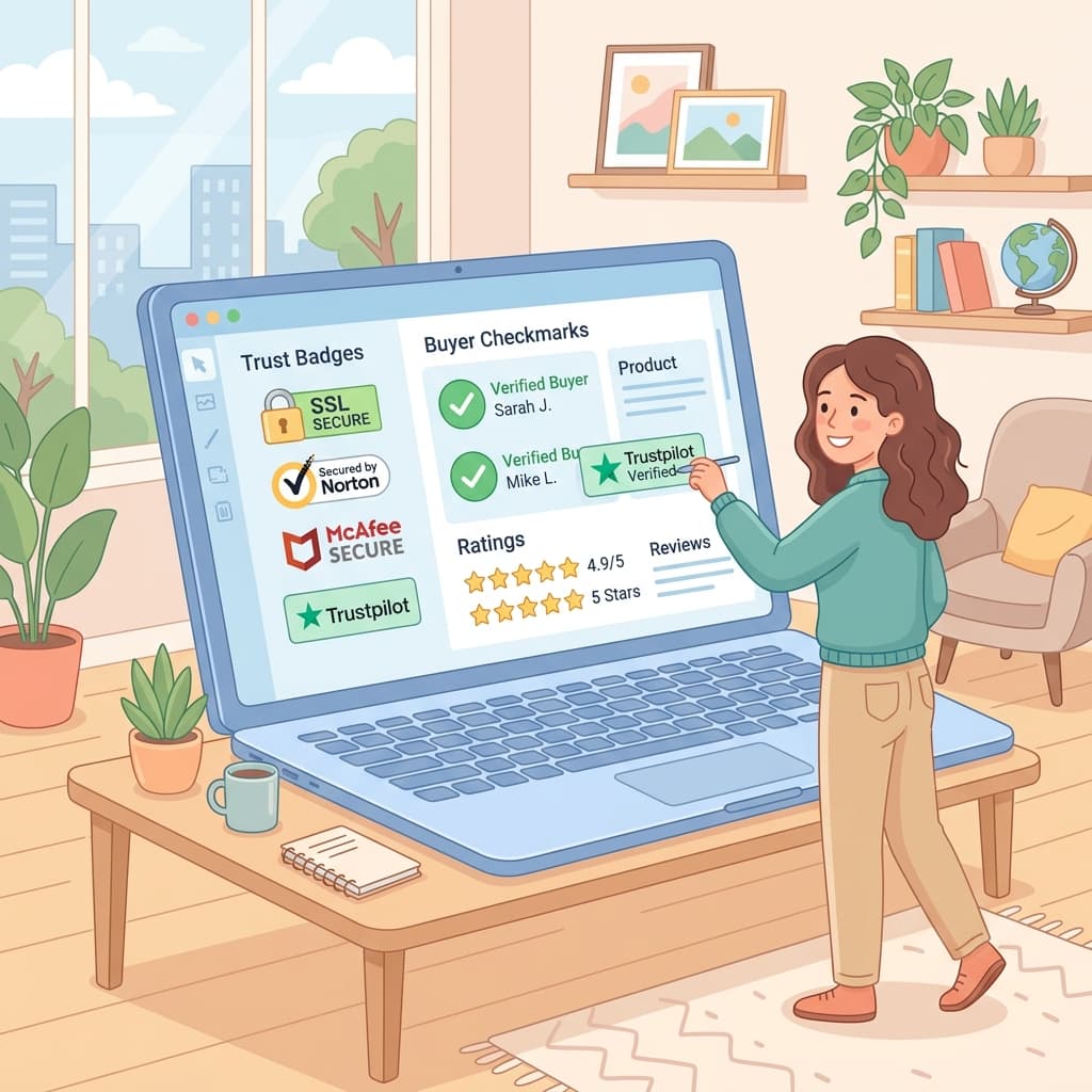 Designing Trust Signals 16:9 lineless cartoon illustration